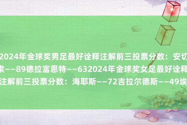 2024年金球奖男足最好诠释注解前三投票分数:安切洛蒂——118哈维-阿隆索——89德拉富恩特——632024年金球奖女足最好诠释注解前三投票分数:海耶斯——72吉拉尔德斯——49埃利亚斯——14 体育录像/图片